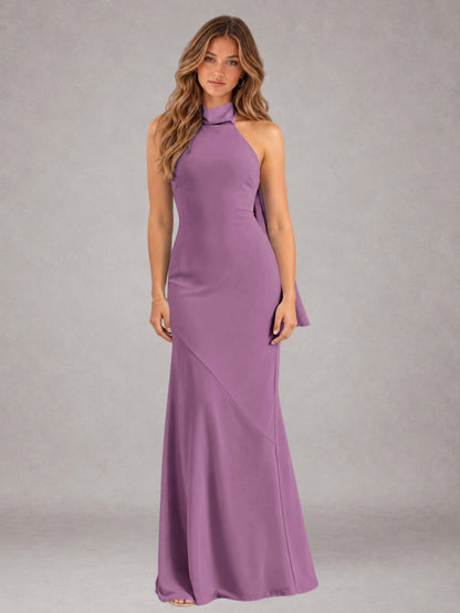 Dusty Purple Sheath/Column Jewel Neck Sleeveless Floor-Length Wedding Guest Dresses with Bowknot