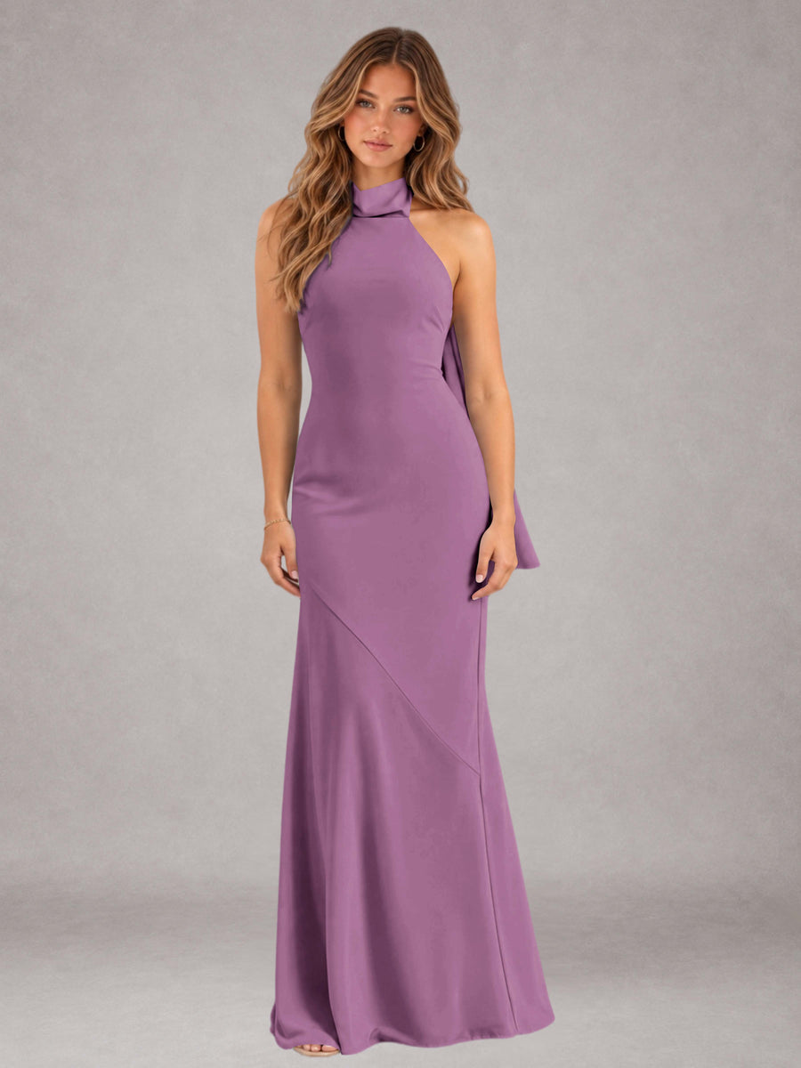 Dusty Purple Sheath/Column Jewel Neck Sleeveless Floor-Length Wedding Guest Dresses with Bowknot