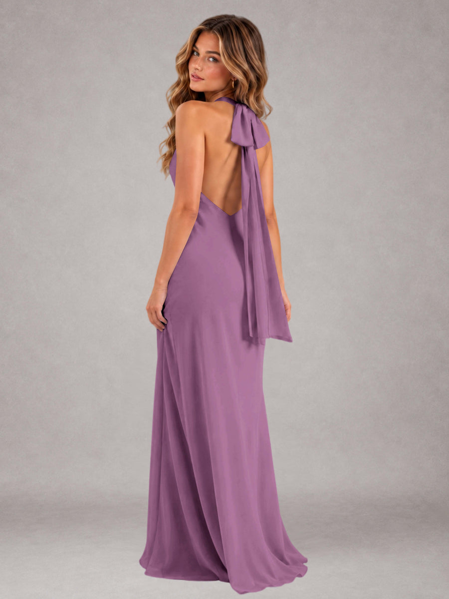 Dusty Purple Sheath/Column Jewel Neck Sleeveless Floor-Length Wedding Guest Dresses with Bowknot