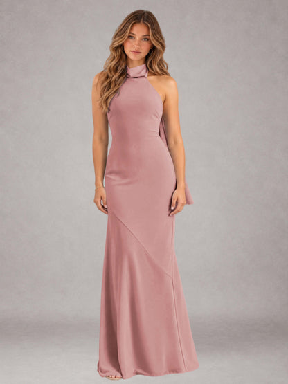 Dusty Rose Sheath/Column Jewel Neck Sleeveless Floor-Length Wedding Guest Dresses with Bowknot
