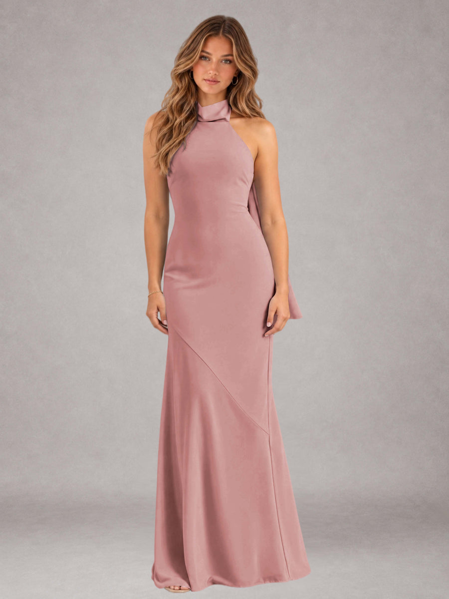 Dusty Rose Sheath/Column Jewel Neck Sleeveless Floor-Length Wedding Guest Dresses with Bowknot