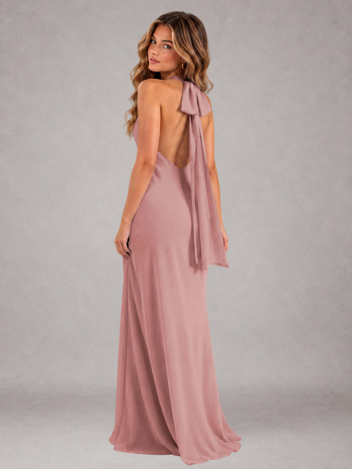 Dusty Rose Sheath/Column Jewel Neck Sleeveless Floor-Length Wedding Guest Dresses with Bowknot