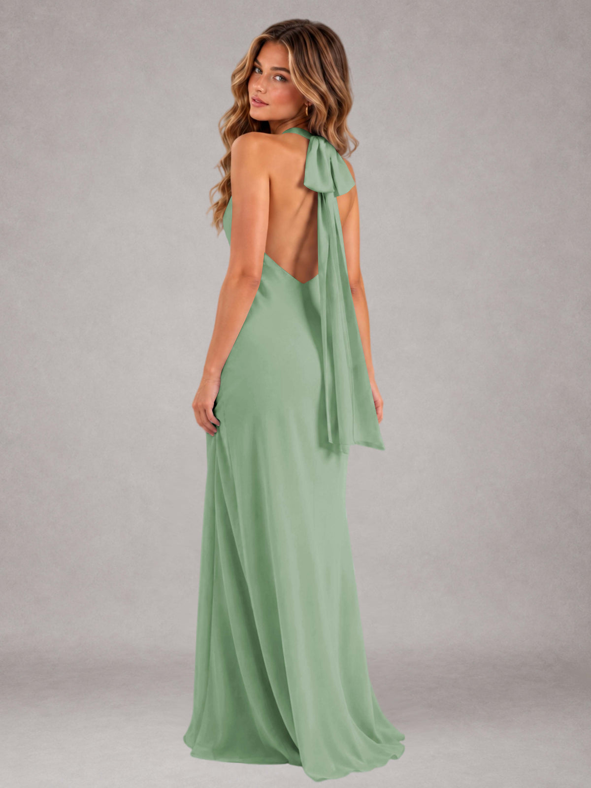 Dusty Sage Sheath/Column Jewel Neck Sleeveless Floor-Length Wedding Guest Dresses with Bowknot