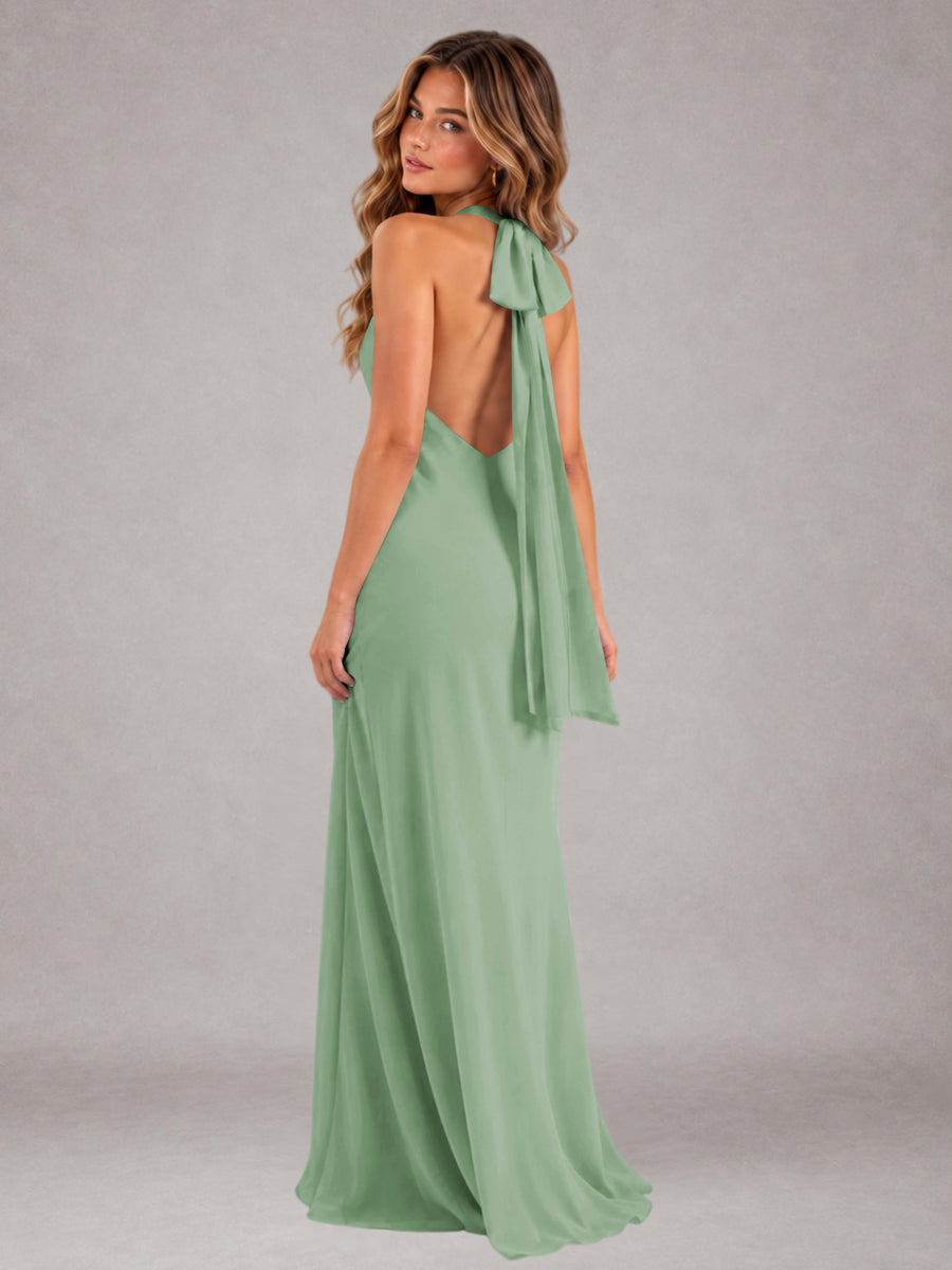 Dusty Sage Sheath/Column Jewel Neck Sleeveless Floor-Length Wedding Guest Dresses with Bowknot