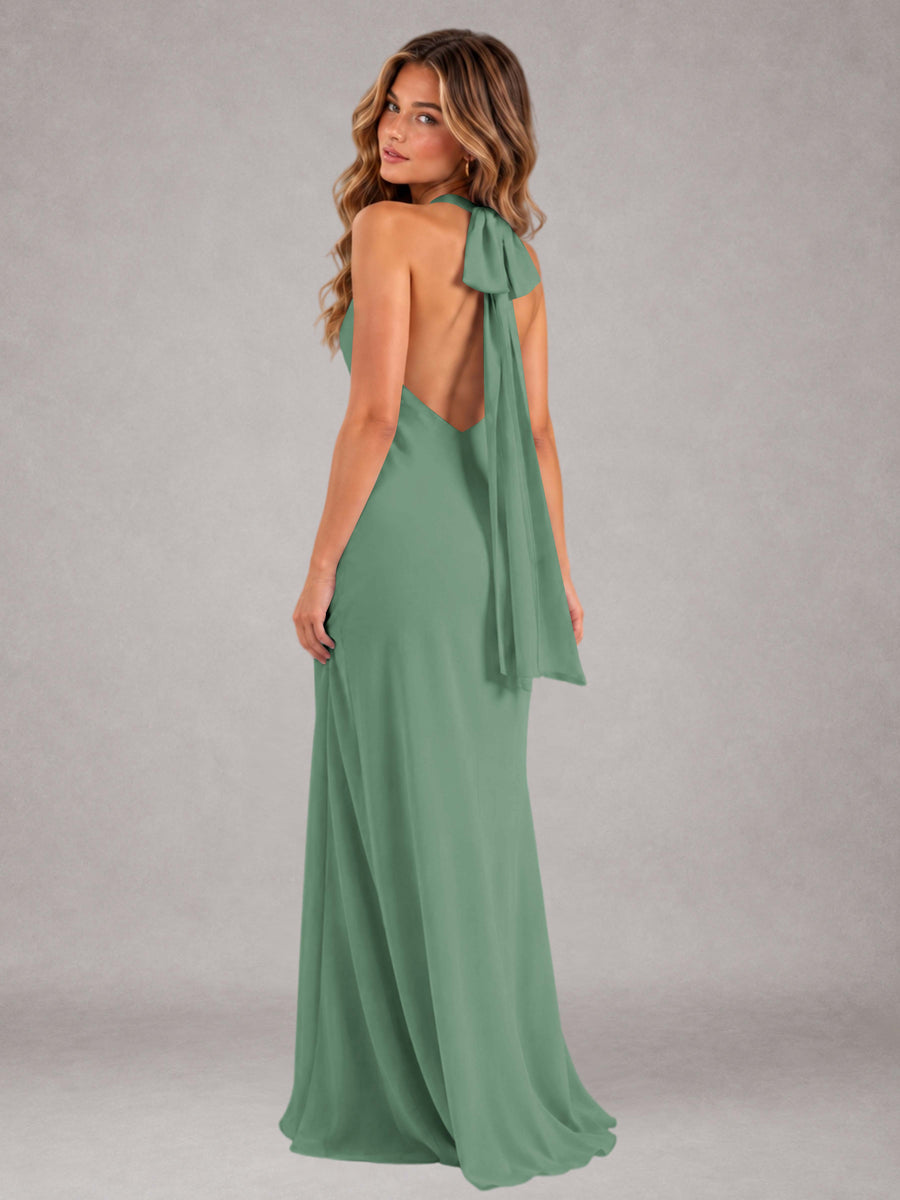 Eucalyptus Sheath/Column Jewel Neck Sleeveless Floor-Length Wedding Guest Dresses with Bowknot
