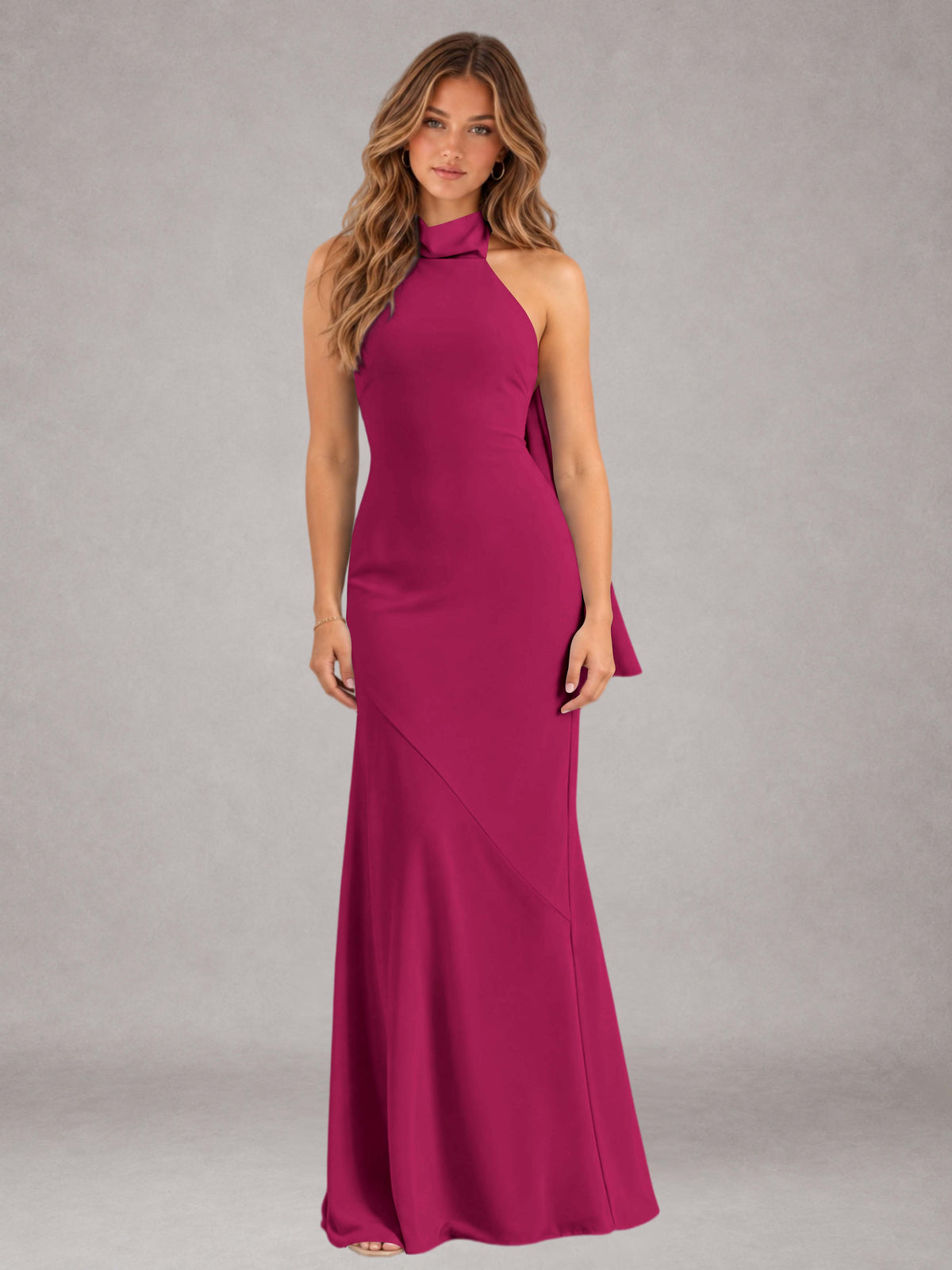Fuchsia Sheath/Column Jewel Neck Sleeveless Floor-Length Wedding Guest Dresses with Bowknot