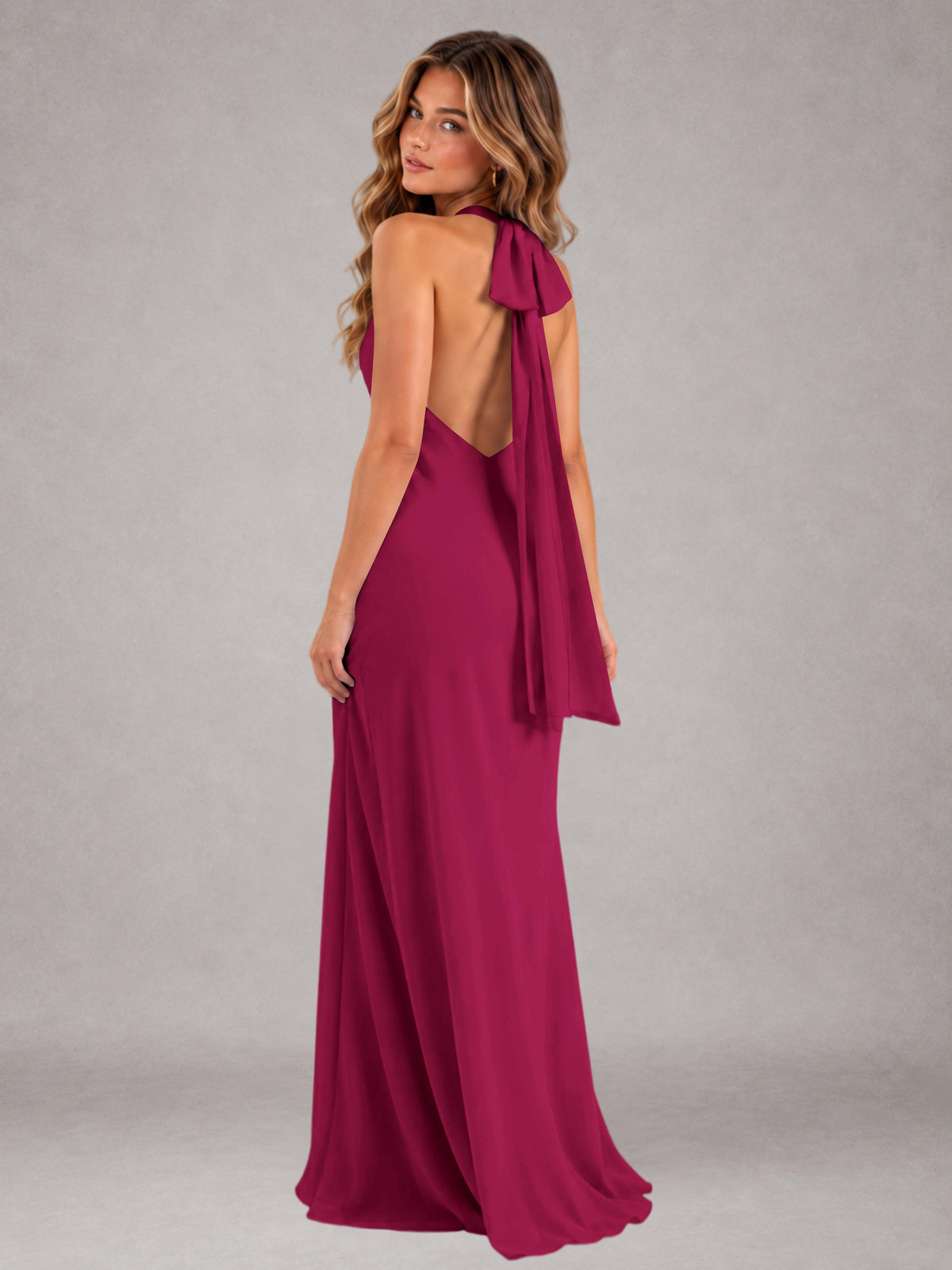 Fuchsia Sheath/Column Jewel Neck Sleeveless Floor-Length Wedding Guest Dresses with Bowknot