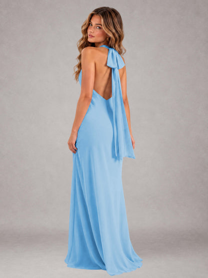 Light Blue Sheath/Column Jewel Neck Sleeveless Floor-Length Wedding Guest Dresses with Bowknot