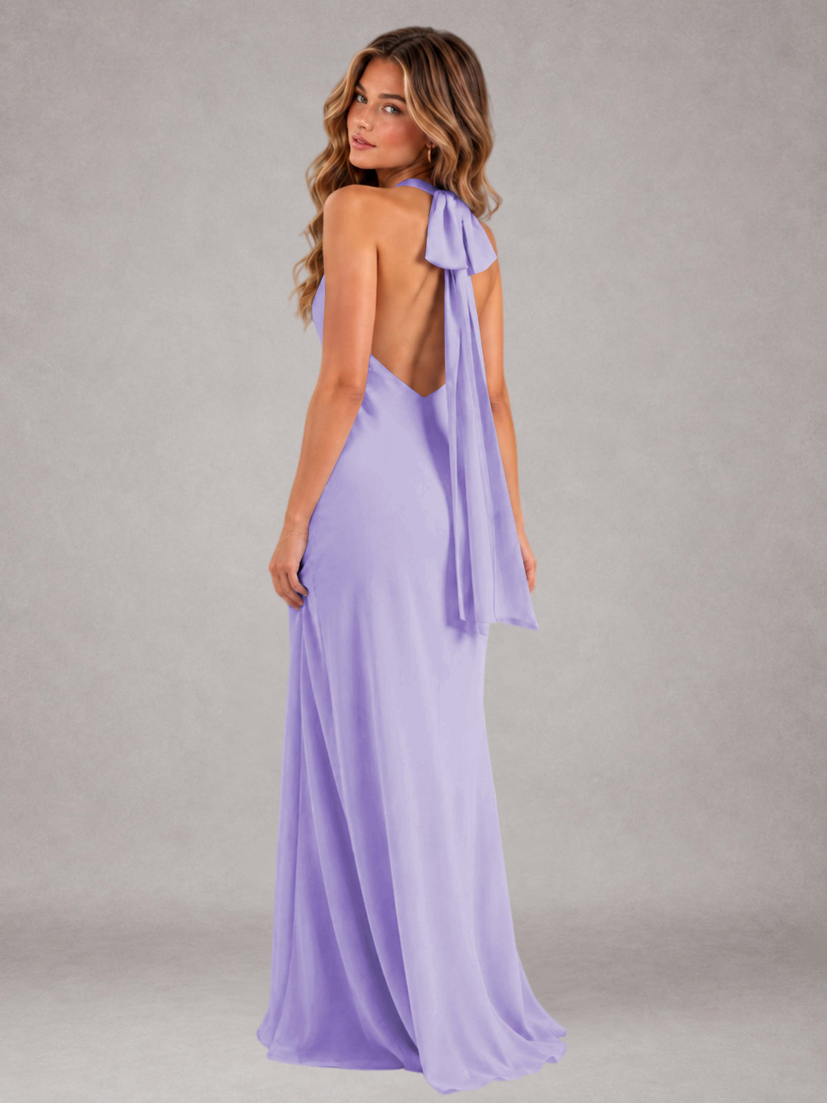 Lilac Sheath/Column Jewel Neck Sleeveless Floor-Length Wedding Guest Dresses with Bowknot