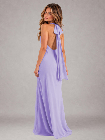 Lilac Sheath/Column Jewel Neck Sleeveless Floor-Length Wedding Guest Dresses with Bowknot