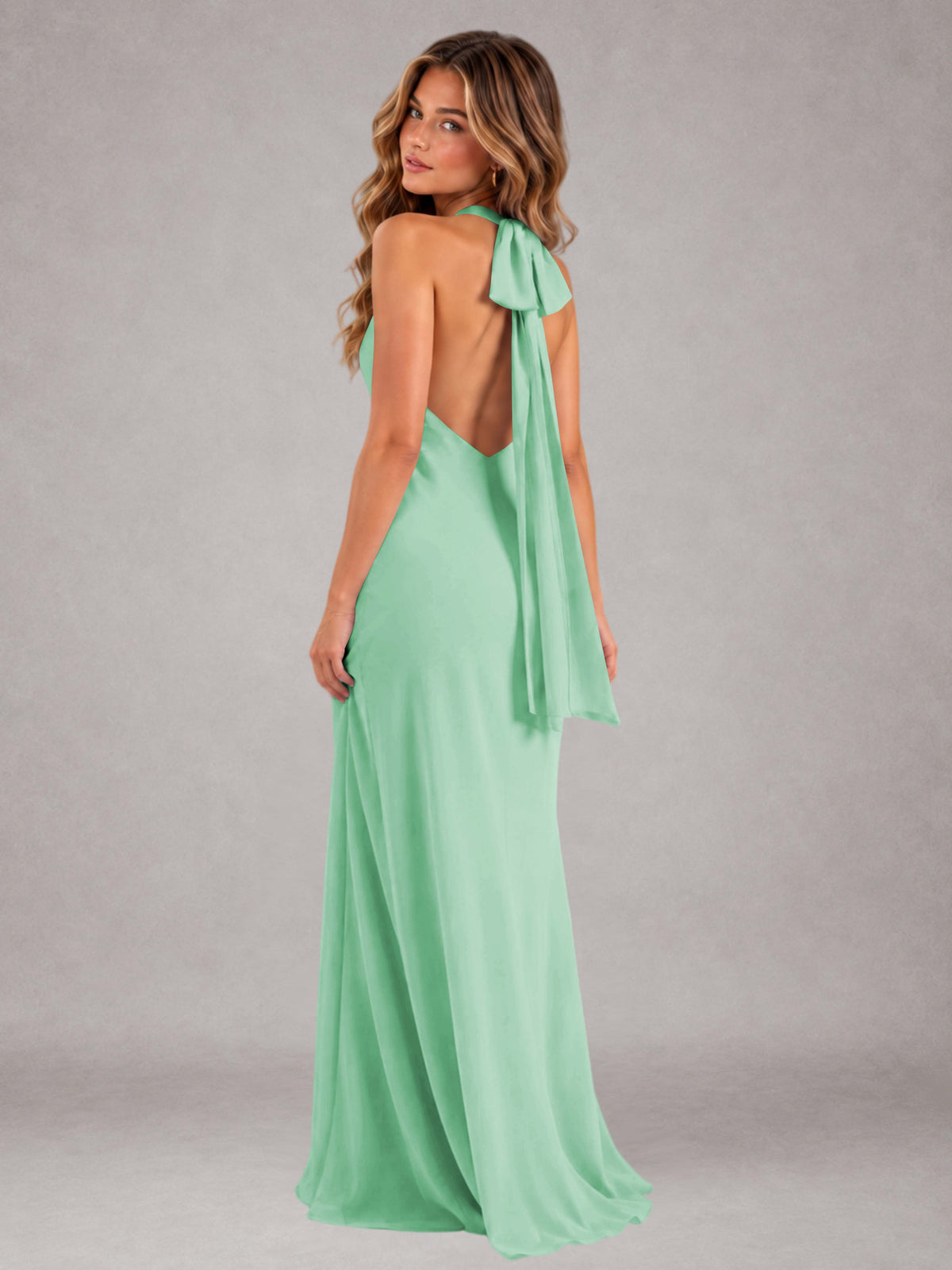 Mint Green Sheath/Column Jewel Neck Sleeveless Floor-Length Wedding Guest Dresses with Bowknot