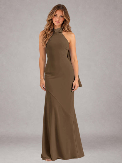 Mocha Sheath/Column Jewel Neck Sleeveless Floor-Length Wedding Guest Dresses with Bowknot