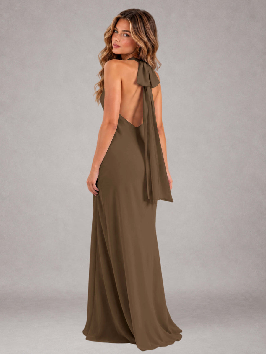 Mocha Sheath/Column Jewel Neck Sleeveless Floor-Length Wedding Guest Dresses with Bowknot