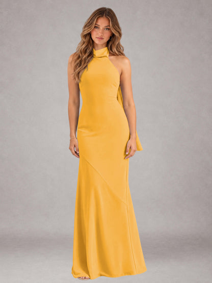 Mustard Sheath/Column Jewel Neck Sleeveless Floor-Length Wedding Guest Dresses with Bowknot