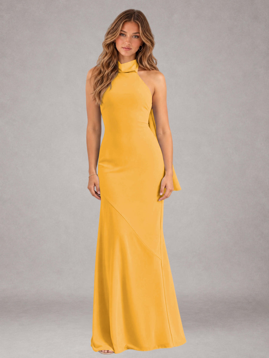 Mustard Sheath/Column Jewel Neck Sleeveless Floor-Length Wedding Guest Dresses with Bowknot
