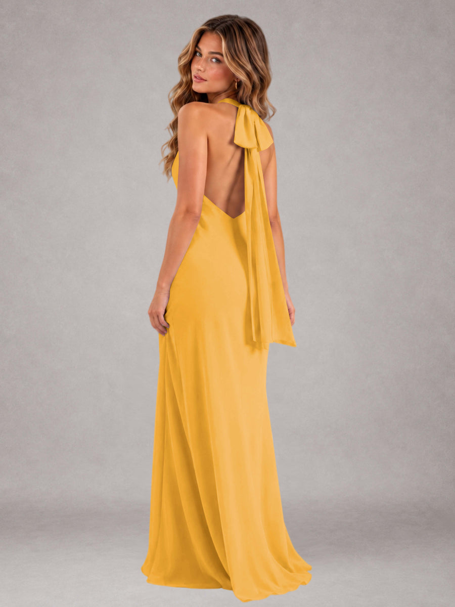 Mustard Sheath/Column Jewel Neck Sleeveless Floor-Length Wedding Guest Dresses with Bowknot