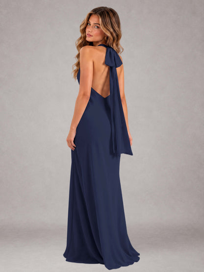 Navy Blue Sheath/Column Jewel Neck Sleeveless Floor-Length Wedding Guest Dresses with Bowknot