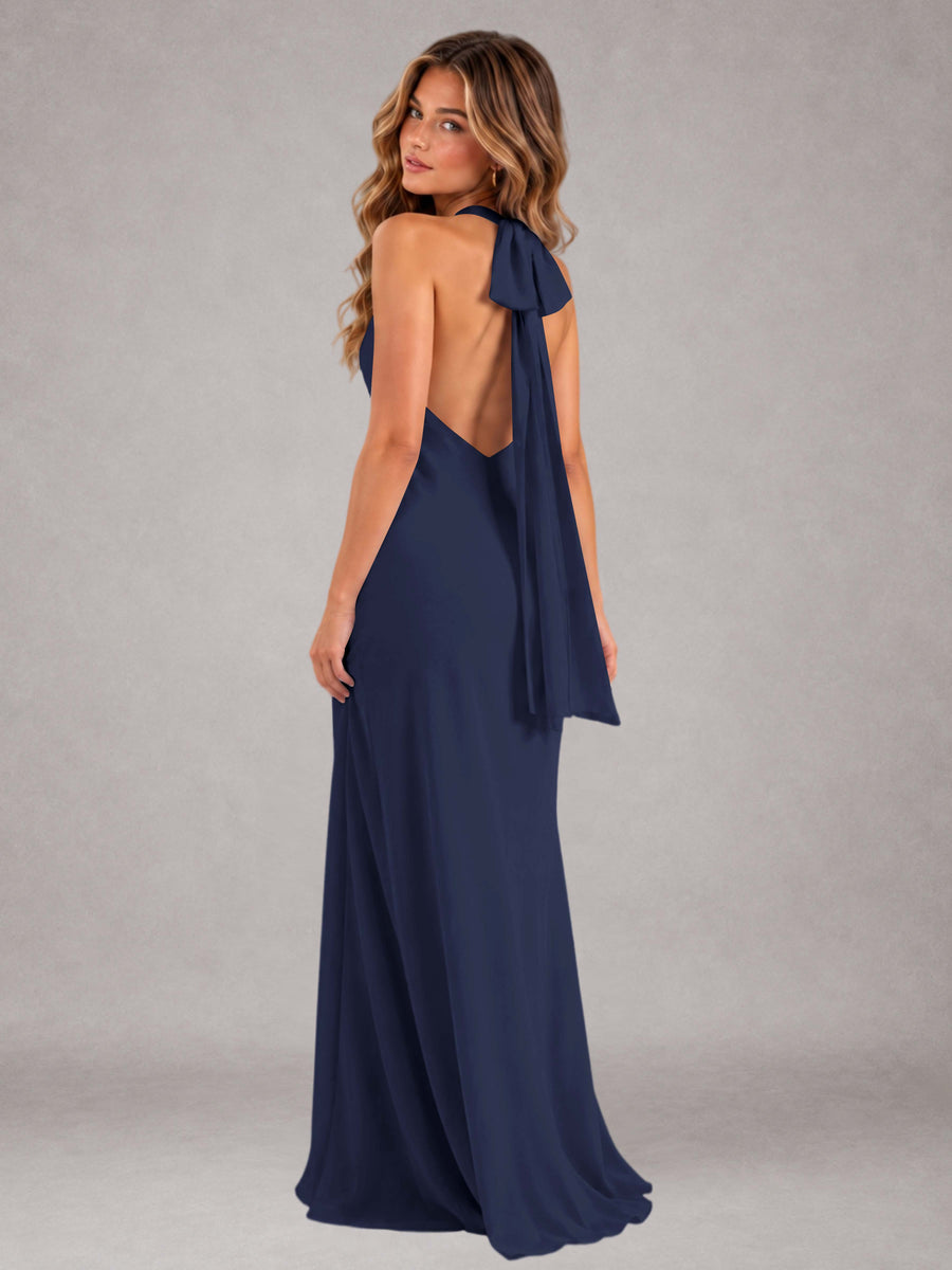 Navy Blue Sheath/Column Jewel Neck Sleeveless Floor-Length Wedding Guest Dresses with Bowknot