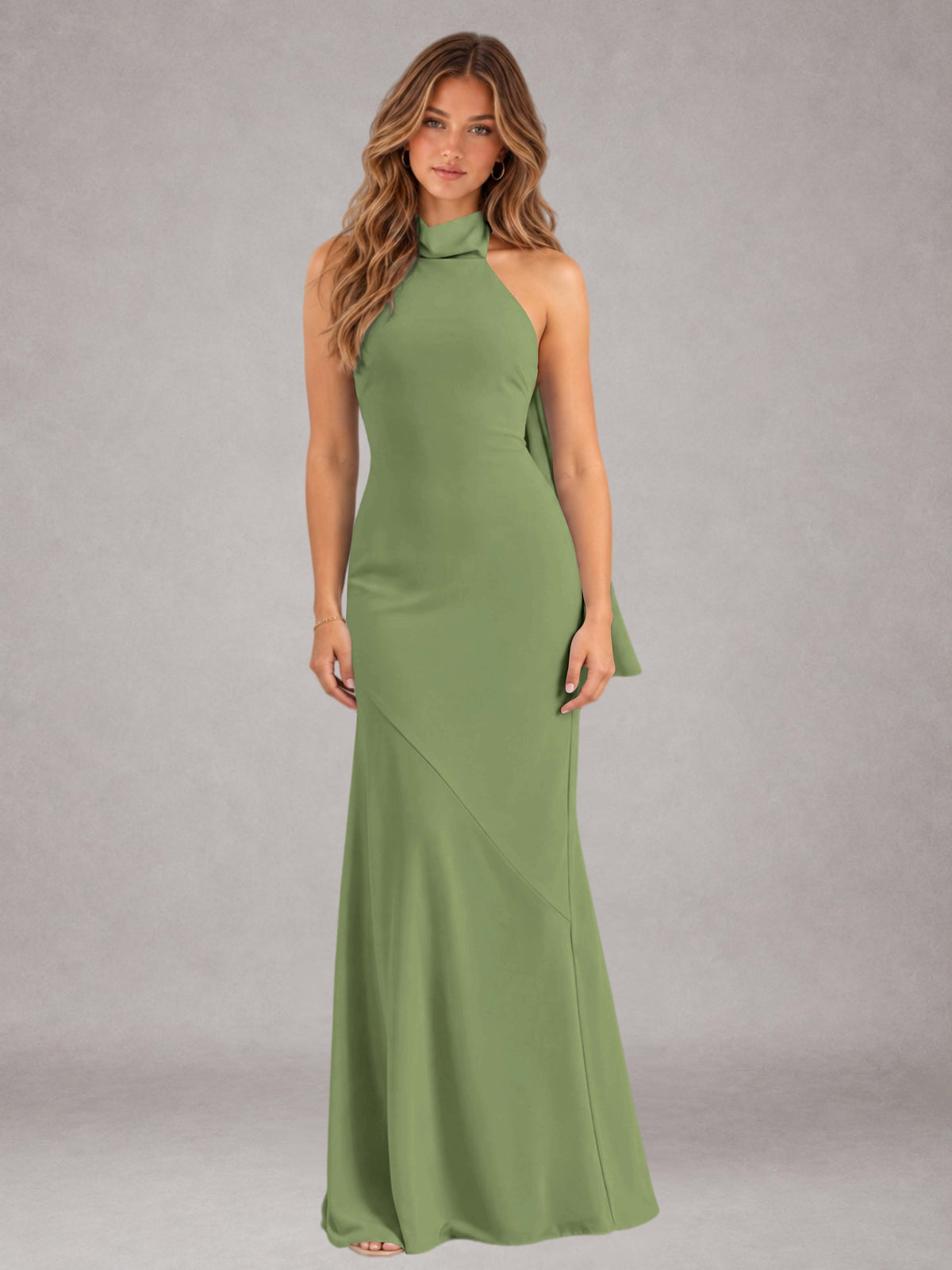 Olive Green Sheath/Column Jewel Neck Sleeveless Floor-Length Wedding Guest Dresses with Bowknot