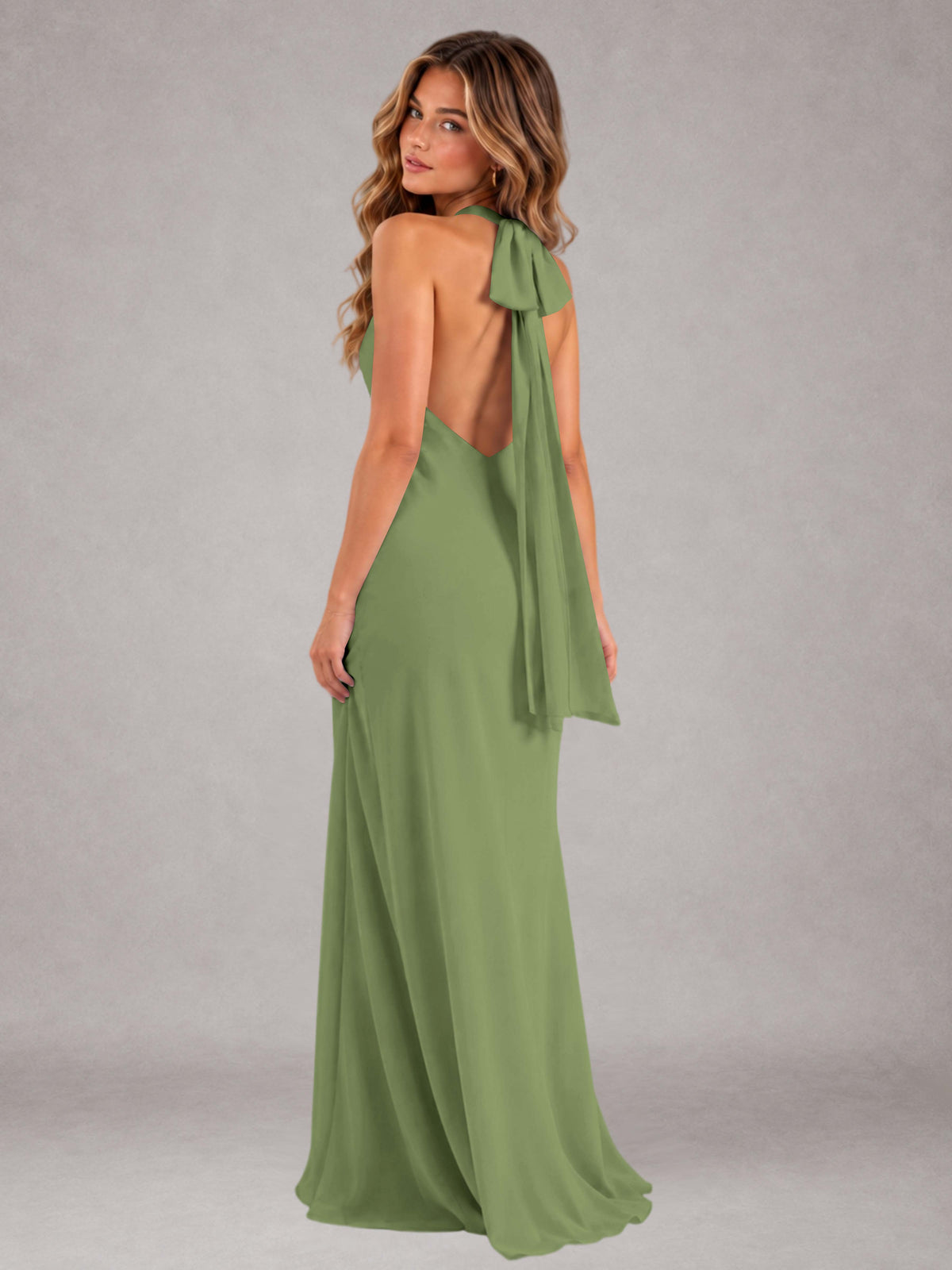 Olive Green Sheath/Column Jewel Neck Sleeveless Floor-Length Wedding Guest Dresses with Bowknot