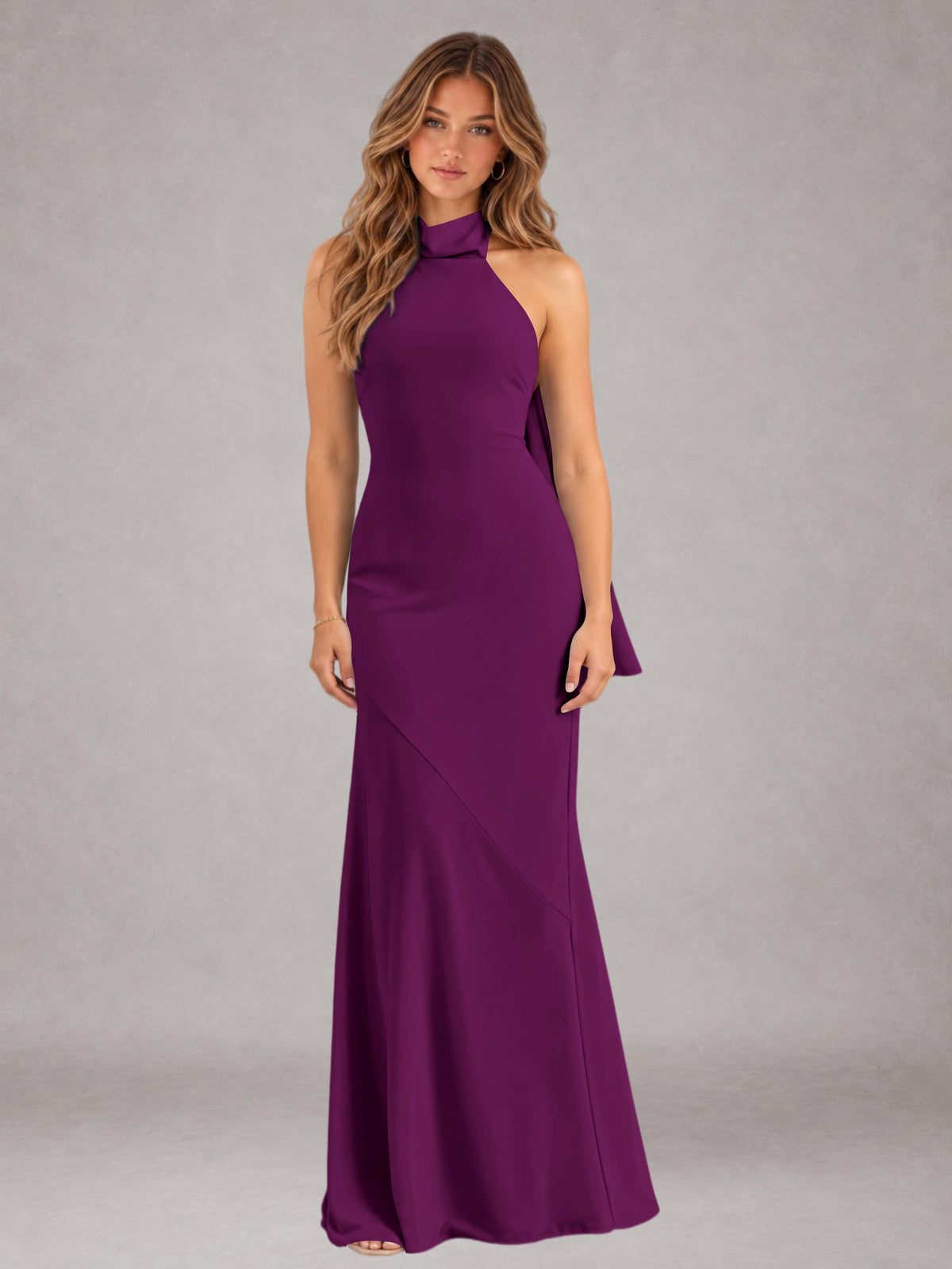 Plum Sheath/Column Jewel Neck Sleeveless Floor-Length Wedding Guest Dresses with Bowknot