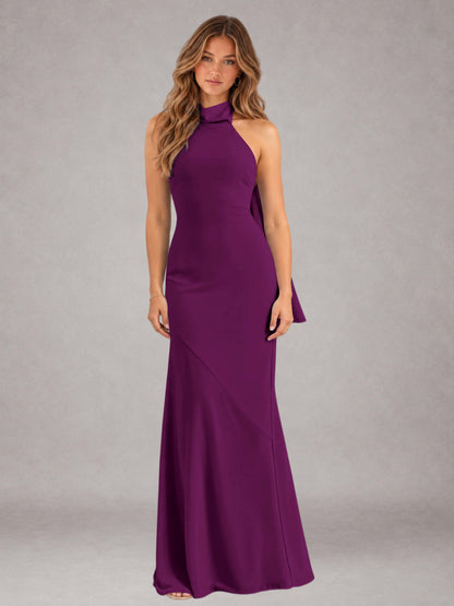 Plum Sheath/Column Jewel Neck Sleeveless Floor-Length Wedding Guest Dresses with Bowknot
