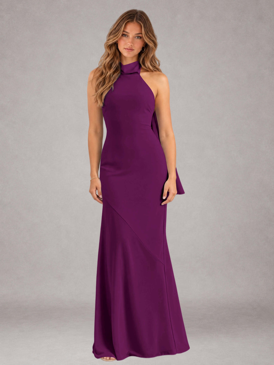 Plum Sheath/Column Jewel Neck Sleeveless Floor-Length Wedding Guest Dresses with Bowknot