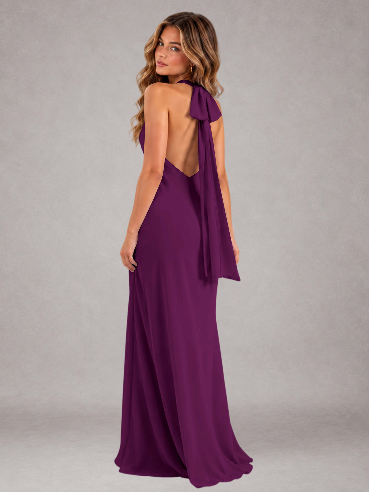 Plum Sheath/Column Jewel Neck Sleeveless Floor-Length Wedding Guest Dresses with Bowknot