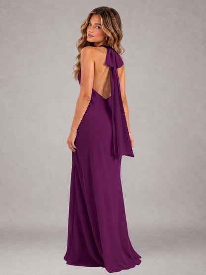 Plum Sheath/Column Jewel Neck Sleeveless Floor-Length Wedding Guest Dresses with Bowknot