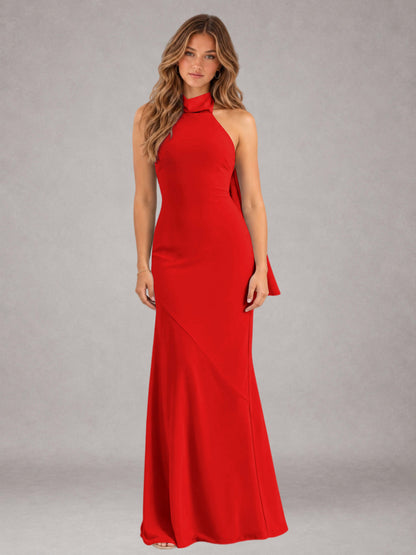 Red Sheath/Column Jewel Neck Sleeveless Floor-Length Wedding Guest Dresses with Bowknot