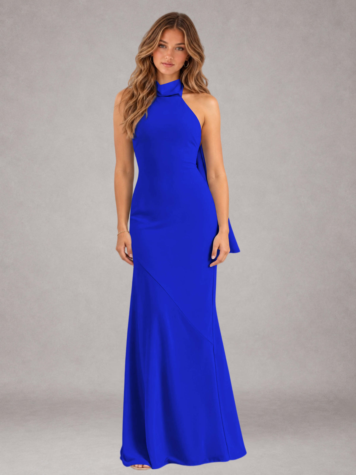 Royal Blue Sheath/Column Jewel Neck Sleeveless Floor-Length Wedding Guest Dresses with Bowknot