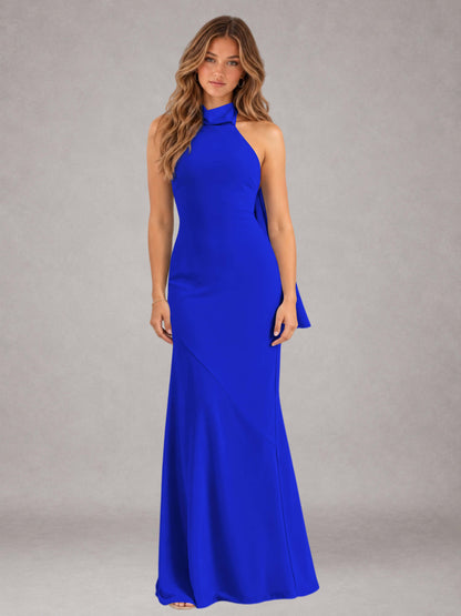 Royal Blue Sheath/Column Jewel Neck Sleeveless Floor-Length Wedding Guest Dresses with Bowknot