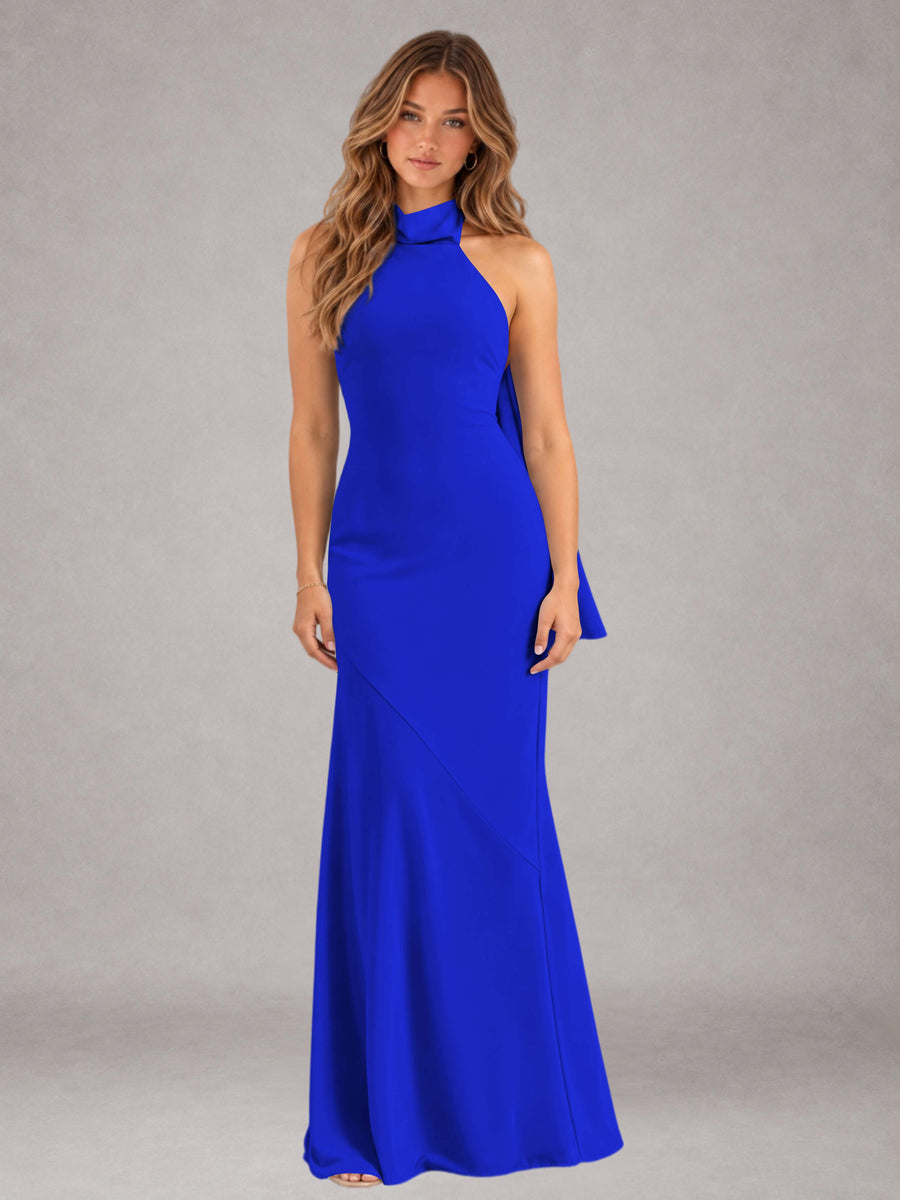 Royal Blue Sheath/Column Jewel Neck Sleeveless Floor-Length Wedding Guest Dresses with Bowknot