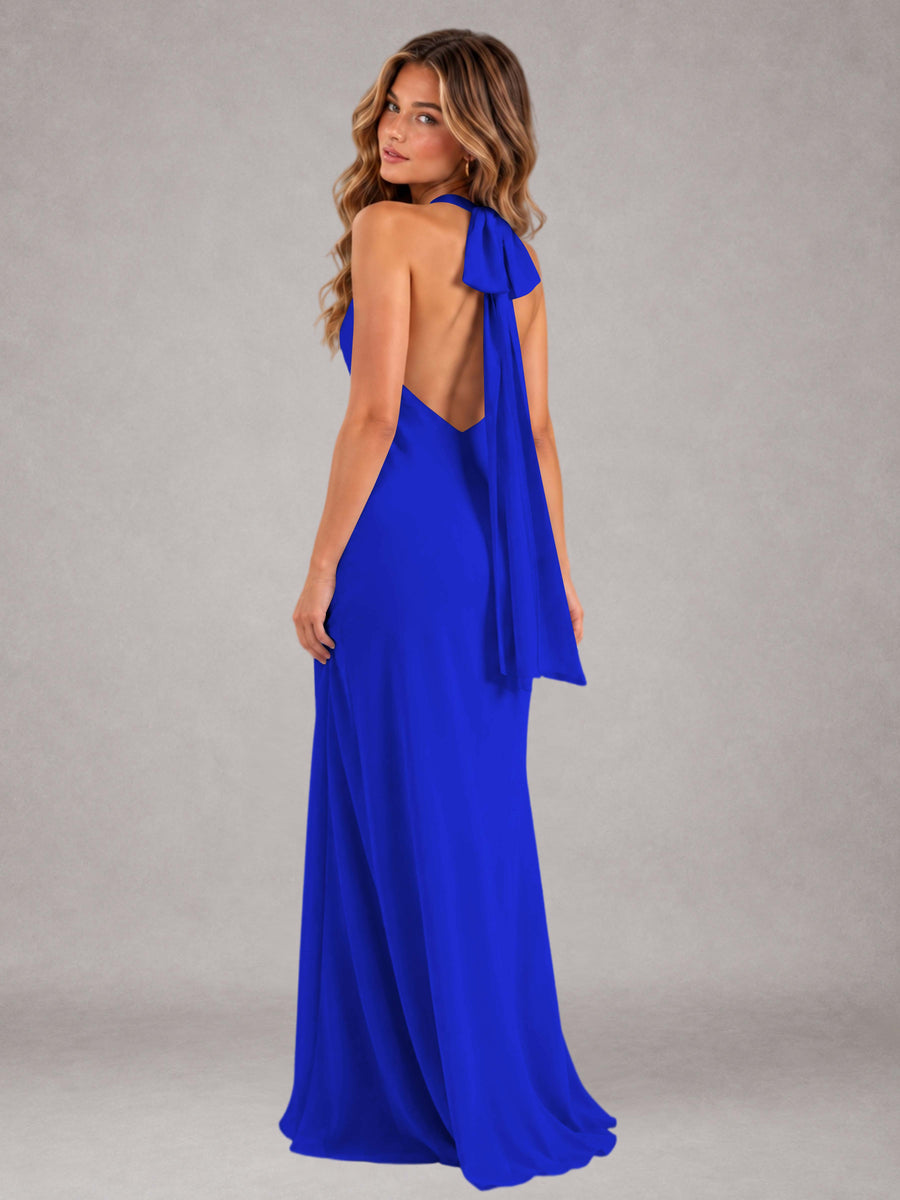 Royal Blue Sheath/Column Jewel Neck Sleeveless Floor-Length Wedding Guest Dresses with Bowknot