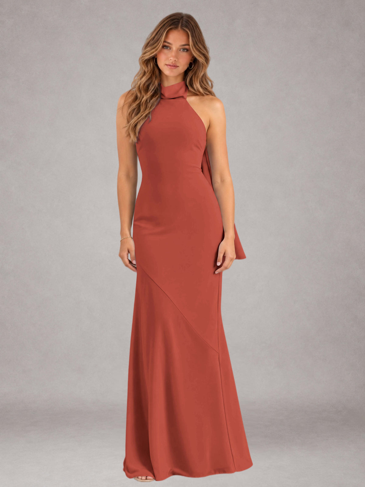 Rust Sheath/Column Jewel Neck Sleeveless Floor-Length Wedding Guest Dresses with Bowknot