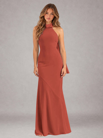 Rust Sheath/Column Jewel Neck Sleeveless Floor-Length Wedding Guest Dresses with Bowknot