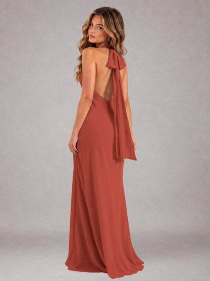 Rust Sheath/Column Jewel Neck Sleeveless Floor-Length Wedding Guest Dresses with Bowknot