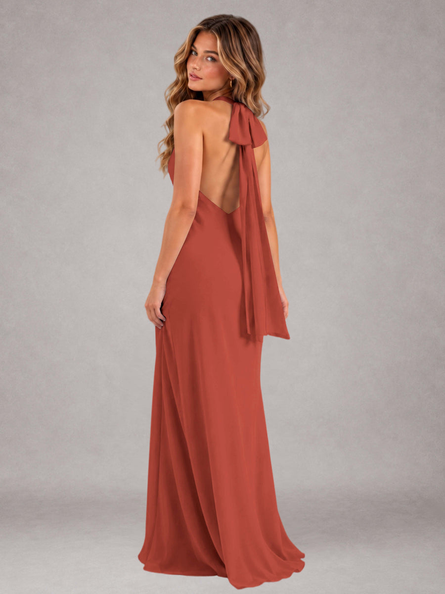 Rust Sheath/Column Jewel Neck Sleeveless Floor-Length Wedding Guest Dresses with Bowknot