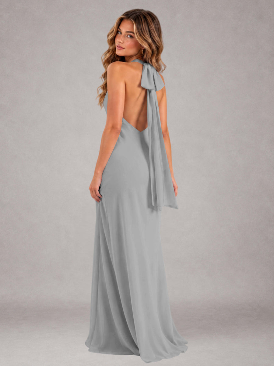 Silver Sheath/Column Jewel Neck Sleeveless Floor-Length Wedding Guest Dresses with Bowknot