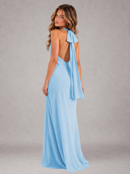 Sky Blue Sheath/Column Jewel Neck Sleeveless Floor-Length Wedding Guest Dresses with Bowknot
