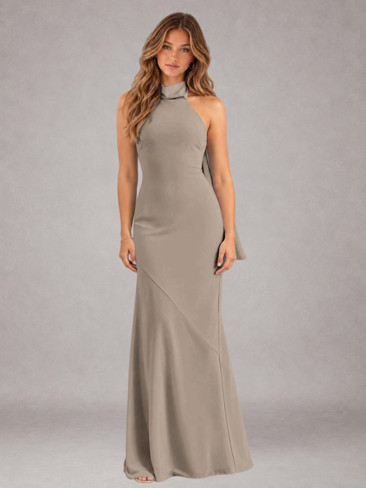 Taupe Sheath/Column Jewel Neck Sleeveless Floor-Length Wedding Guest Dresses with Bowknot