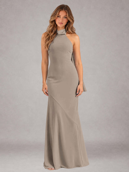 Taupe Sheath/Column Jewel Neck Sleeveless Floor-Length Wedding Guest Dresses with Bowknot