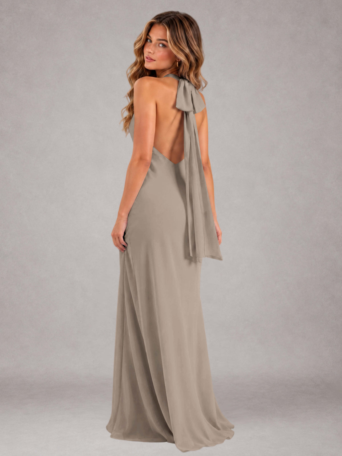 Taupe Sheath/Column Jewel Neck Sleeveless Floor-Length Wedding Guest Dresses with Bowknot