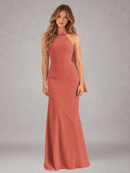 Terracotta Sheath/Column Jewel Neck Sleeveless Floor-Length Wedding Guest Dresses with Bowknot