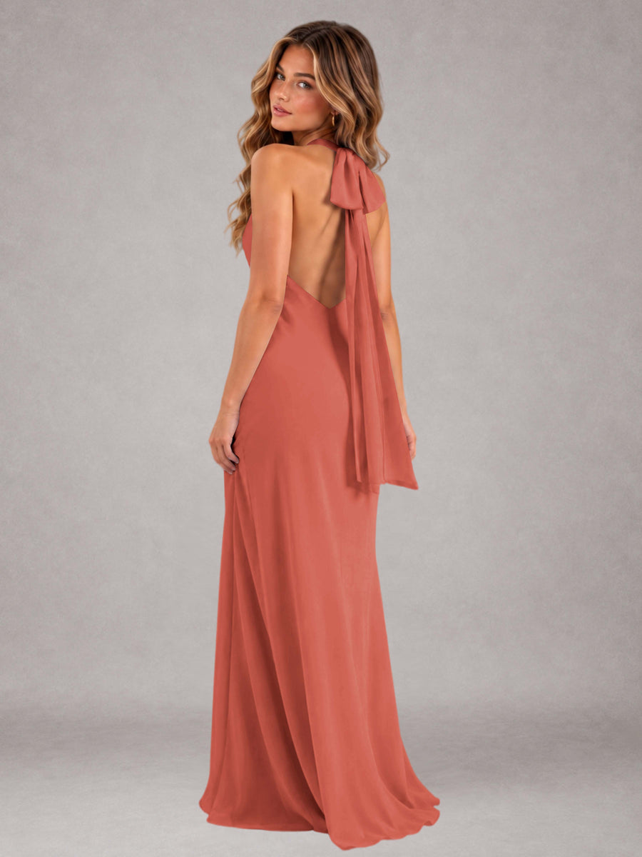Terracotta Sheath/Column Jewel Neck Sleeveless Floor-Length Wedding Guest Dresses with Bowknot