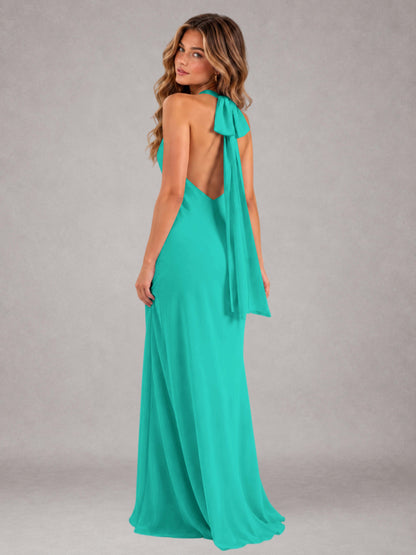 Turquoise Sheath/Column Jewel Neck Sleeveless Floor-Length Wedding Guest Dresses with Bowknot
