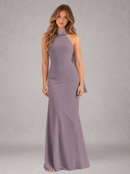 Wisteria Sheath/Column Jewel Neck Sleeveless Floor-Length Wedding Guest Dresses with Bowknot