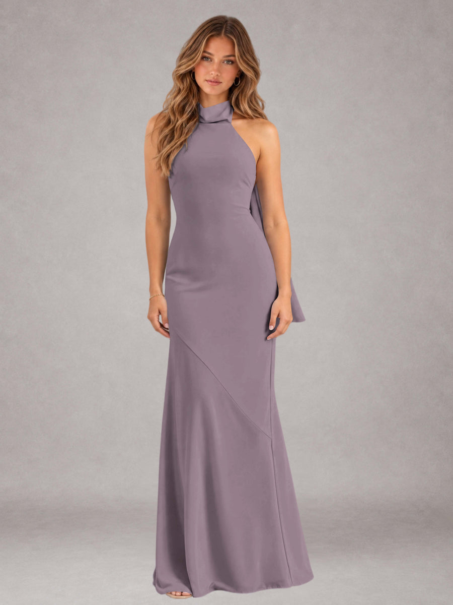 Wisteria Sheath/Column Jewel Neck Sleeveless Floor-Length Wedding Guest Dresses with Bowknot