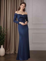 Sheath/Column Off-The-Shoulder 3/4 Length Sleeves Floor-Length Mother of the Bride Dresses with Ruched