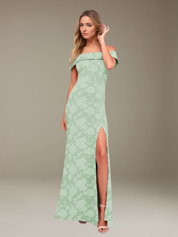 Mint Green Free Shipping Sheath/Column Off-The-Shoulder Floor-length Floral Lace Bridesmaid Dresses with Split Side